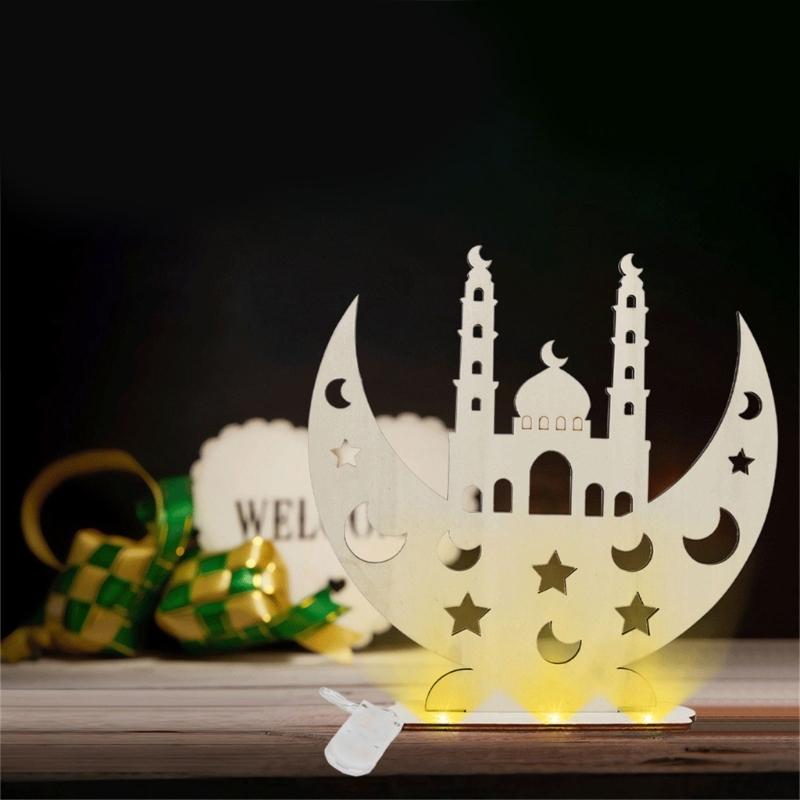 Unique Wooden EidMubarak Desk Ornament LED Moon Star DIY Lamp Light Table Decorations for Festive Celebrations