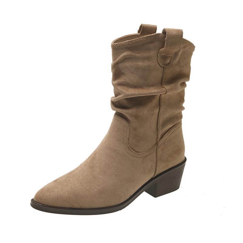 Fashion 2025 New Style High Heels Pleated Boots for Women Autumn Winter Leather Western Boots Woman Thick Heeled Boots