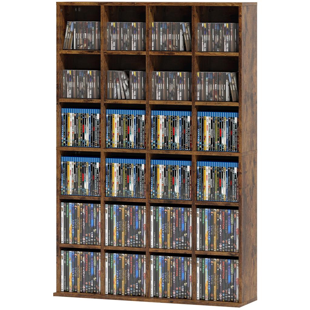 CD/DVD Storage Unit, 456 CDs / 336 DVDs, 24 Compartments, 16 Adjustable Shelves, Brown