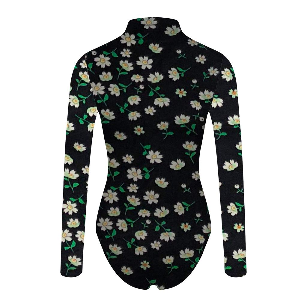 Women's Mock Printing Fashion Turtle Neck Tops Long Sleeve Bodysuit Jumpsuit