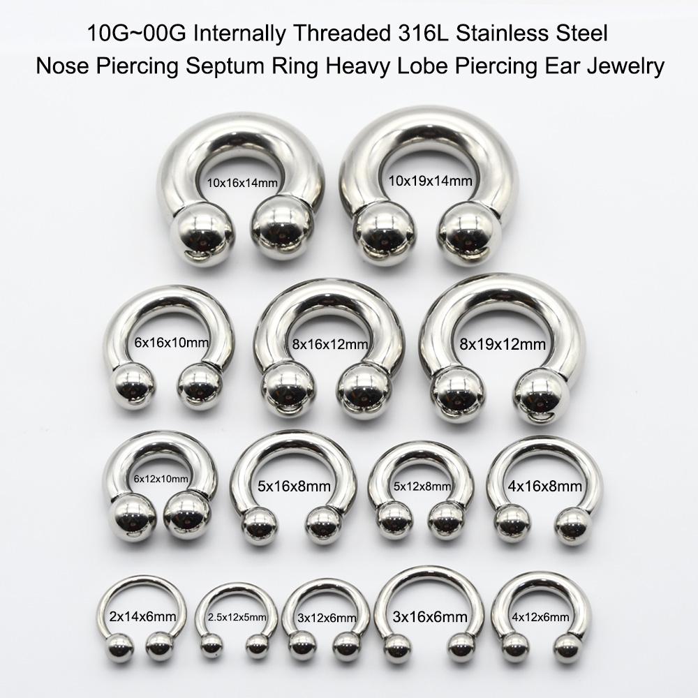 12G-00G Velký průměr Kruhový činkový kroužek z nerezové oceli s vnitřním závitem Piercing do nosu Septum Piercing Rozšiřovač Náušnice do laloku