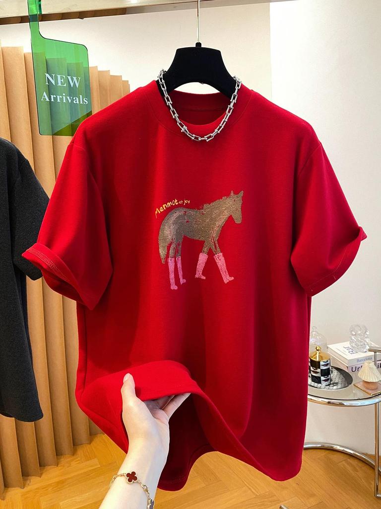 Spring Plus Size Year of the Horse Printed T-shirt - Women's Loose Short Sleeve Top