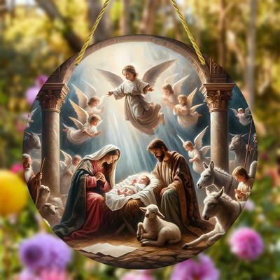 Doğuş Sahnesi Ahşap İşaret Muhafız İsa Noel Çelengi Kilise Kapısı Duvar Asılı Dekor için Yuvarlak İşaret Hristiyan için İdeal Hediye