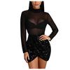 Damenmode Mesh Party Clubwear Pailletten Transparentes Sexy Rollkragenkleid