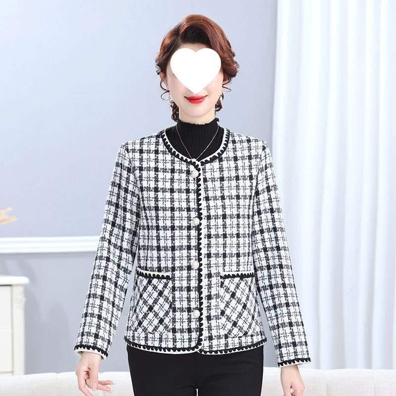 Chic Tweed Jacket for Middle-Aged Women - Versatile, Warm, Plus Velvet Cardigan for Autumn/Winter.