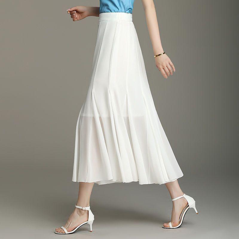 Fustă de vară din șifon până la jumătatea corpului Alb pentru femei Mărime medie spre lungă Talie înaltă Culoare solidă mare Fustă A-line Croială slim Fustă mare