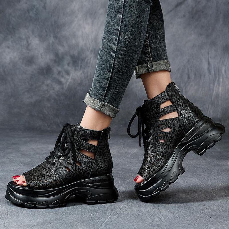 Fashion GKTINOO Women Sandals 2025 Summer Platform Thick High Heel Sandals GLADIATOR Genuine Leather Back Zipper Open Toe Cool Boots