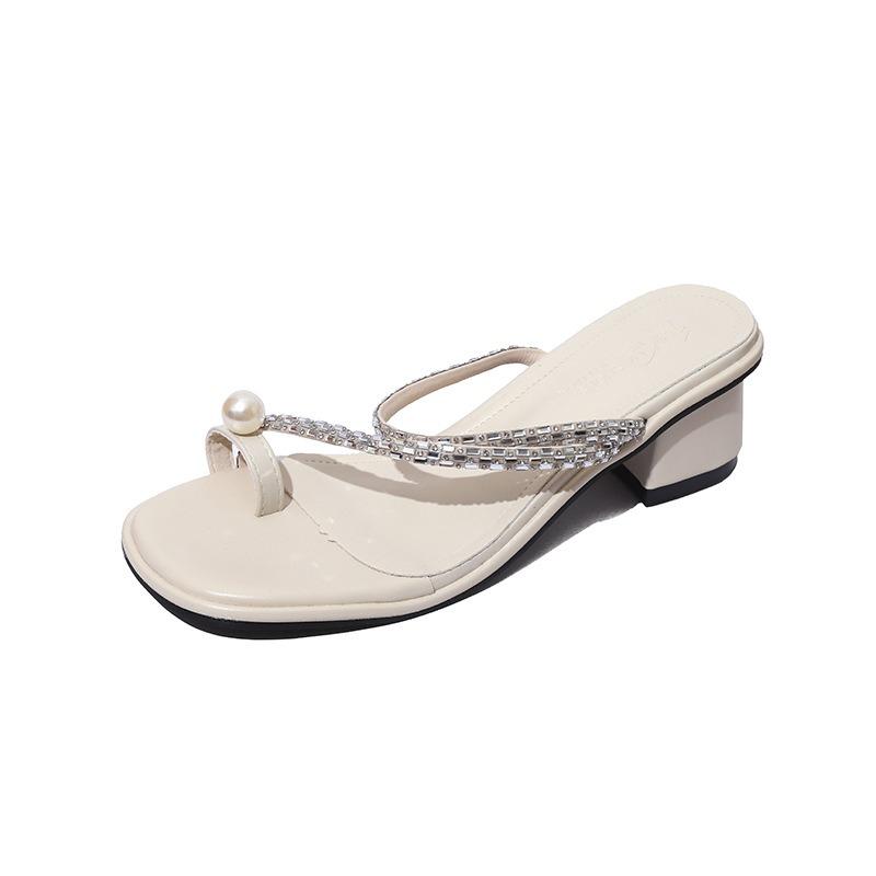 Thick heel set toe pearl cool slippers women wear summer new rhinestone mid-heel toe sandals