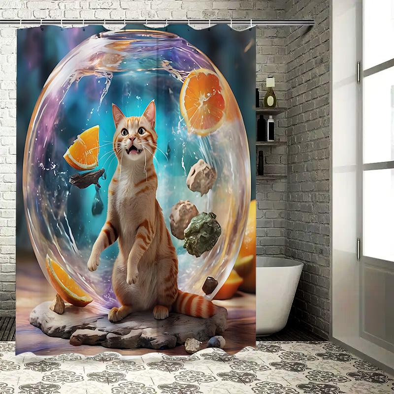 Cute Cat In Bubble Digital Art Shower Curtain For Home Decoration - Creative And Fun Design Easy To Install And Maintain
