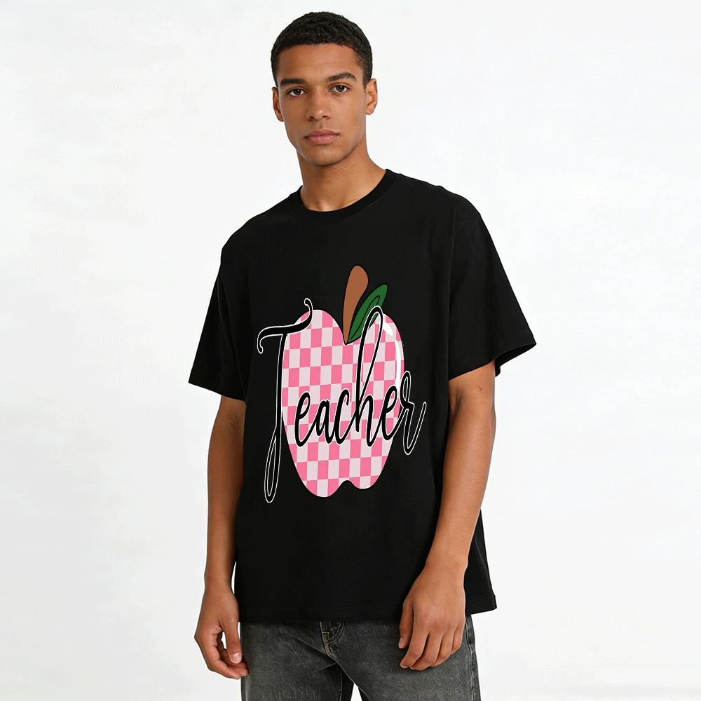 Pink Checkered Apple Teacher Graphic Casual Top Pure cotton T-shirt