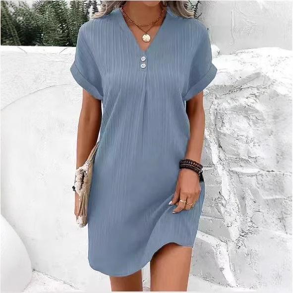 European & American Women's V-neck Solid Color Pullover Dress - 2023 Casual Fashion, Button Detail.
