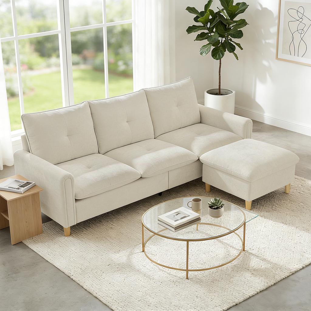 3 Seater Sofa With Storage Ottoman, Modular Corner Sofa 210 Cm, Wide Seat, Linen Look Fabric, Cream
