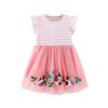 2026 Frühling/Sommer gestreiftes Rüschenärmelkleid für Mädchen mit Tierstickerei und Netzrock