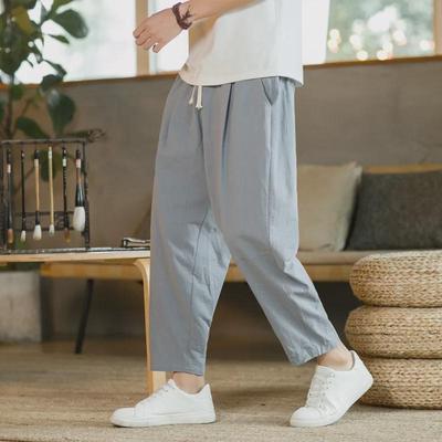 2022 Spring/Summer Men's Loose-Fit Casual Trousers: Japanese Style, Cotton-Linen, Pure Color, Simple Straight-Leg Design.