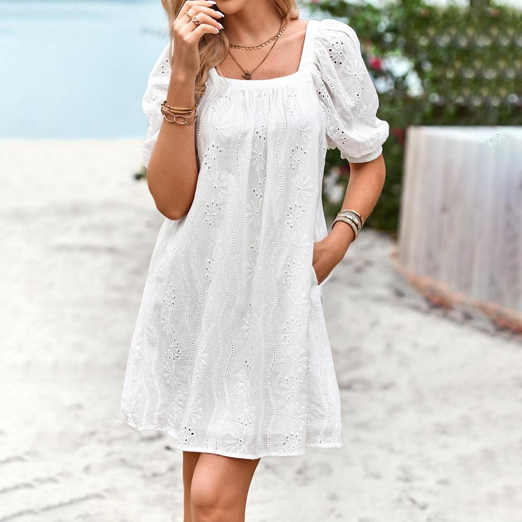 Diyun 2023 Summer European & American Solid Color Square Neck Jacquard Short Dress for Women - Elegant & Hollow Design