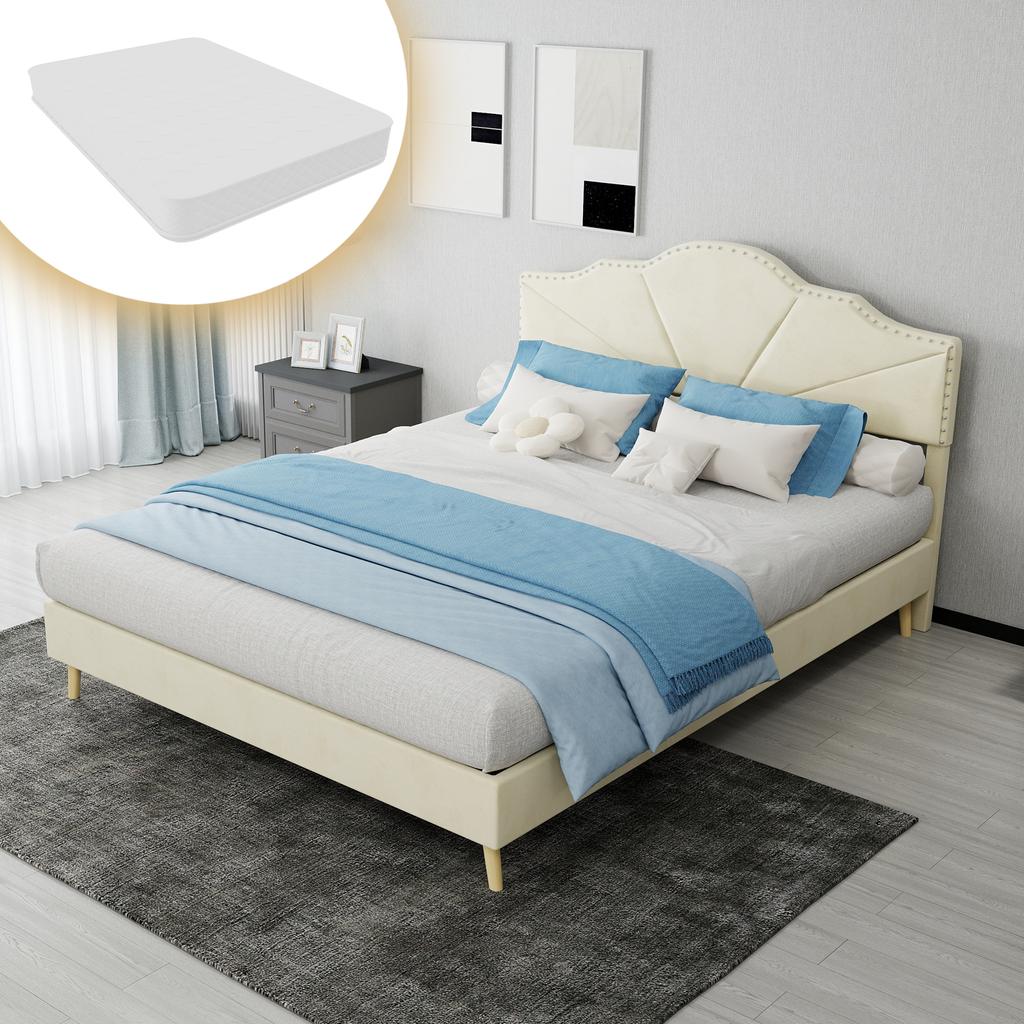 Modern minimalist soft bed, comfortable headboard, 140*200CM, beige, low box bed frame does not include gas rod, include 140*200cm mattress.