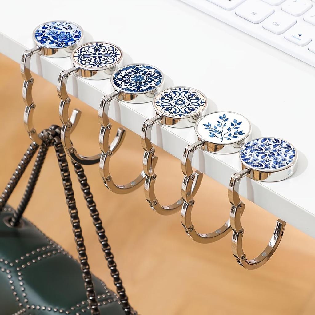 Elegant Blue & White Porcelain Portable Metal Folding Desk Hook for Women's Bag