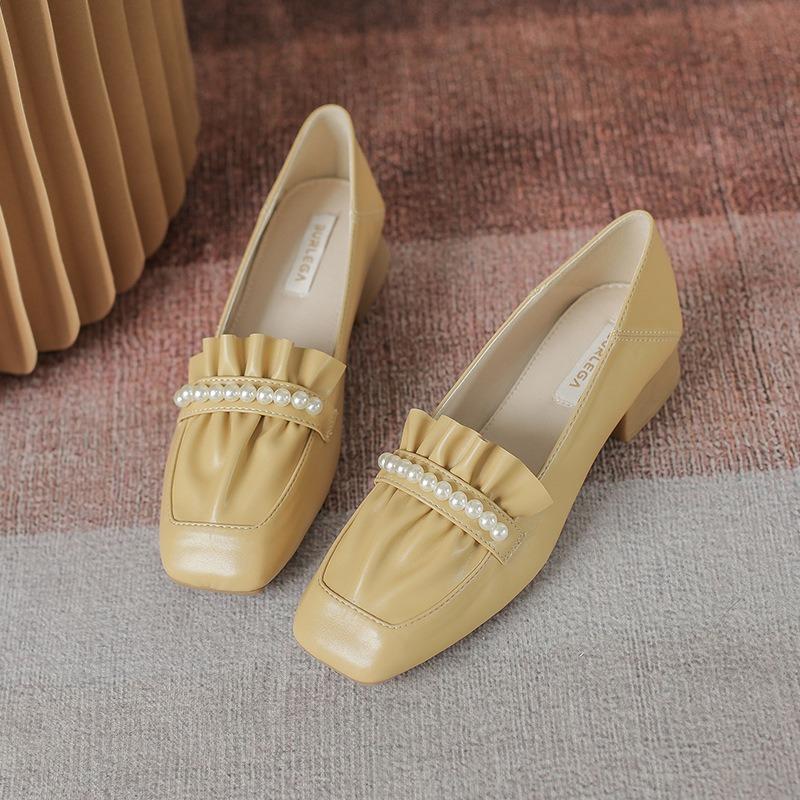 Autumn New Shallow Thick Heel Pleated Shoes Women's Pearl Soft Versatile Square Head Thick Heel Single Shoes Women