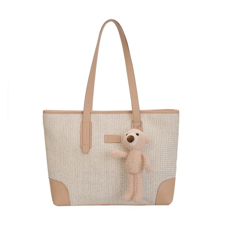 Large Capacity Canvas Tote Bag For Women With Charming Woven Design And Stylish Bear Motif
