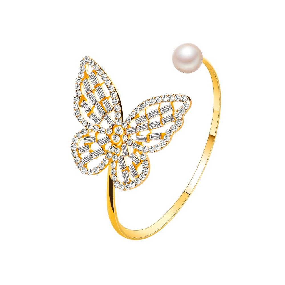 Hollow Butterfly Inlaid Open Cuff Bangle Single Pearl Decor Elegant Women Wrist Jewelry for Daily Party Matching