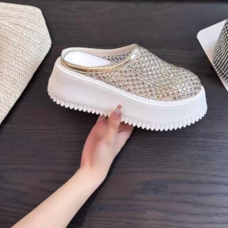 Fashion New Summer Baotou Flat Shoes Women's Fashion Round Toe Shallow Mouth Rhinestone Mesh Breathable Platform Sandals and Slippers