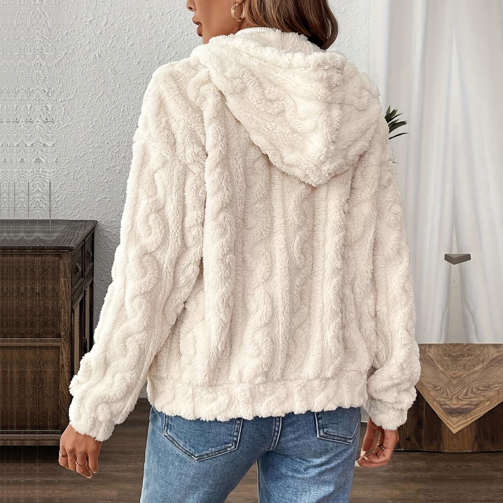 Women'S Plush Fleece Hooded Zip Up Jacket Casual Solid Color Polyester Coat Fall Winter Outerwear Adult Knitwear