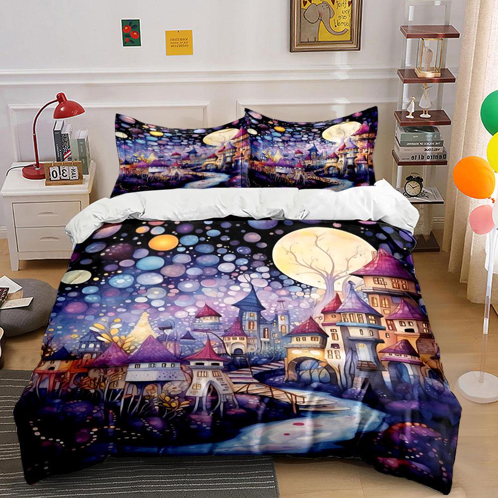 

Whimsical village with moon. Bedding sets Duvet cover sets Duvet covers Pillowcases(1 * Duvet Cover 2 * Pillowcases, without duvet insert) 135x200cm