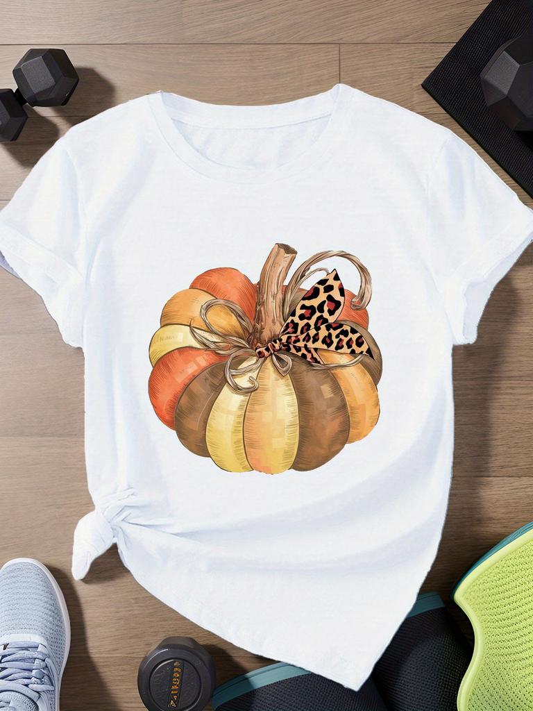 Leopard Print Bow Pumpkin Illustration Harajuku Short Sleeve Casual Womens Tshirt Clothing Street Tops Tees Aesthetic Clothes