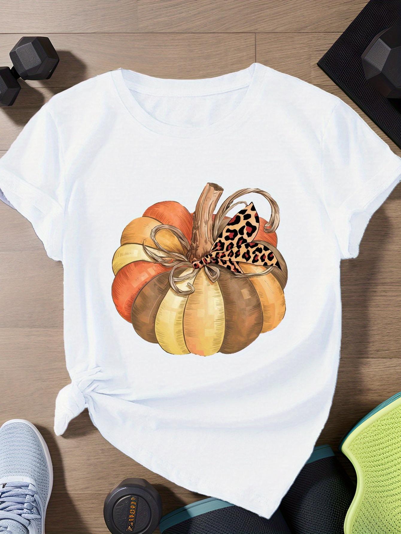 

Leopard Print Bow Pumpkin Illustration Harajuku Short Sleeve Casual Womens Tshirt Clothing Street Tops Tees Aesthetic Clothes S