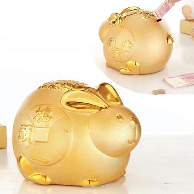 Golden Rabbit Ceramic Piggy Bank: Lucky Year Rabbit Ornament for Home Decor
