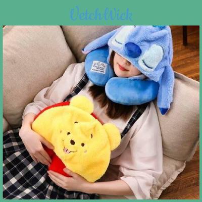 Weiche Polyesterfaser Auto Nackenkissen Reise Kapuzen Nackenkissen Niedliches U-förmiges Plüschtier Für Erwachsene Gelb Winnie Puuh Blau Stitch