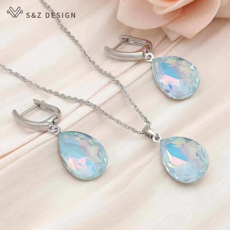 

Модные классические серьги цвета розового золота с каплями воды и кристаллами, висячие серьги, комплекты ювелирных изделий для женщин, свадебное ожерелье