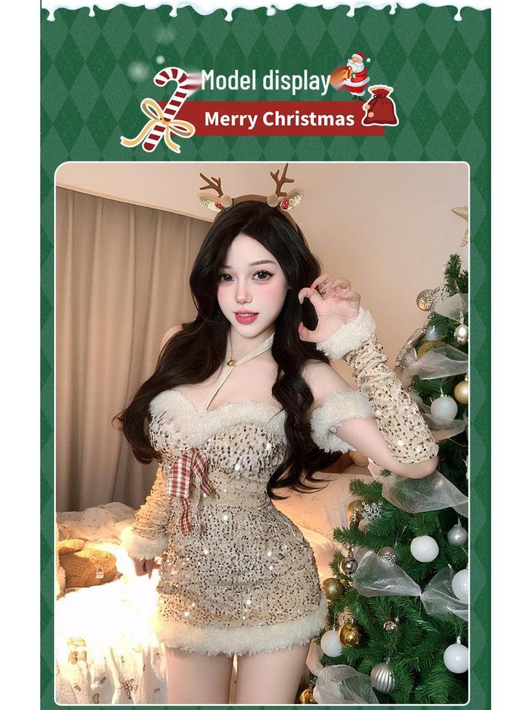 2025 Weihnachten Pailletten Schleife Neckholder Trägerlos Bodycon Mini Kleid