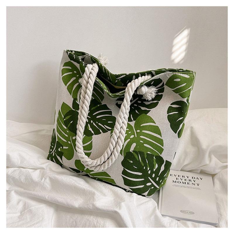 

Fashion Printed Large Capacity Canvas Shoulder Women Korean Style Casual Crossbody Bag Thick Rope Handbag Beach Bag for Travel 44x33x10cm зелений