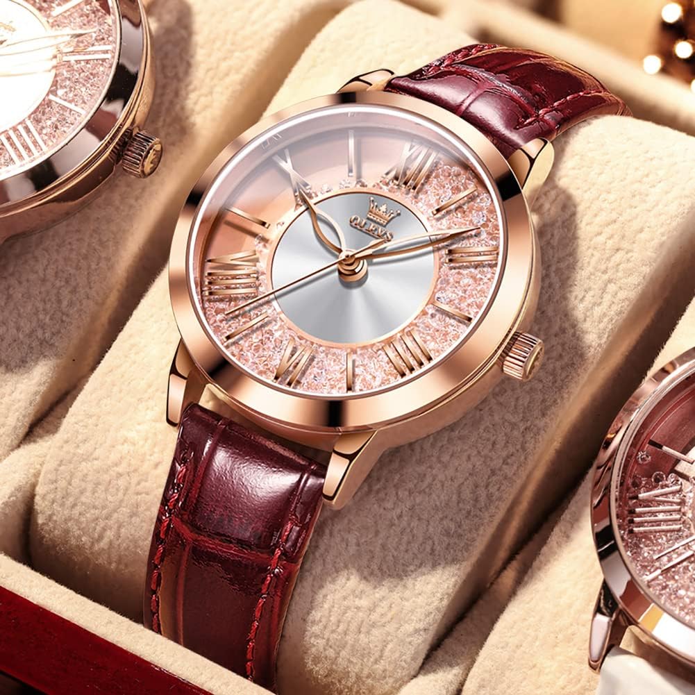 OLEVS Watch Rose Quicksand Gift Ladies' - Popular, Cute, Gold, Fashionable, Diamond, Pattern, Waterproof, Luminous, (Red - 5539)
