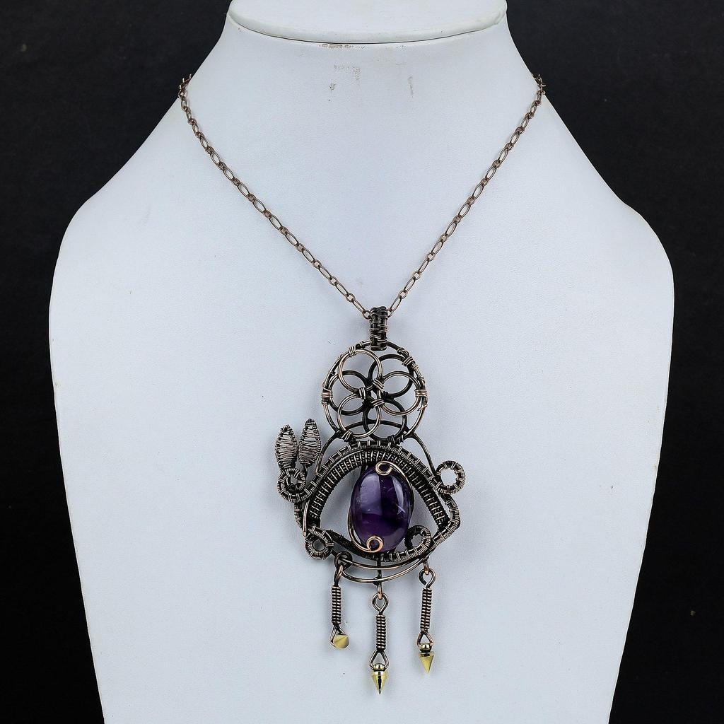 Ametystový přívěsek Drahokam Šperky, Přívěsek omotaný měděným drátem 999, Dárek pro ženy Ručně vyrobený přívěsek