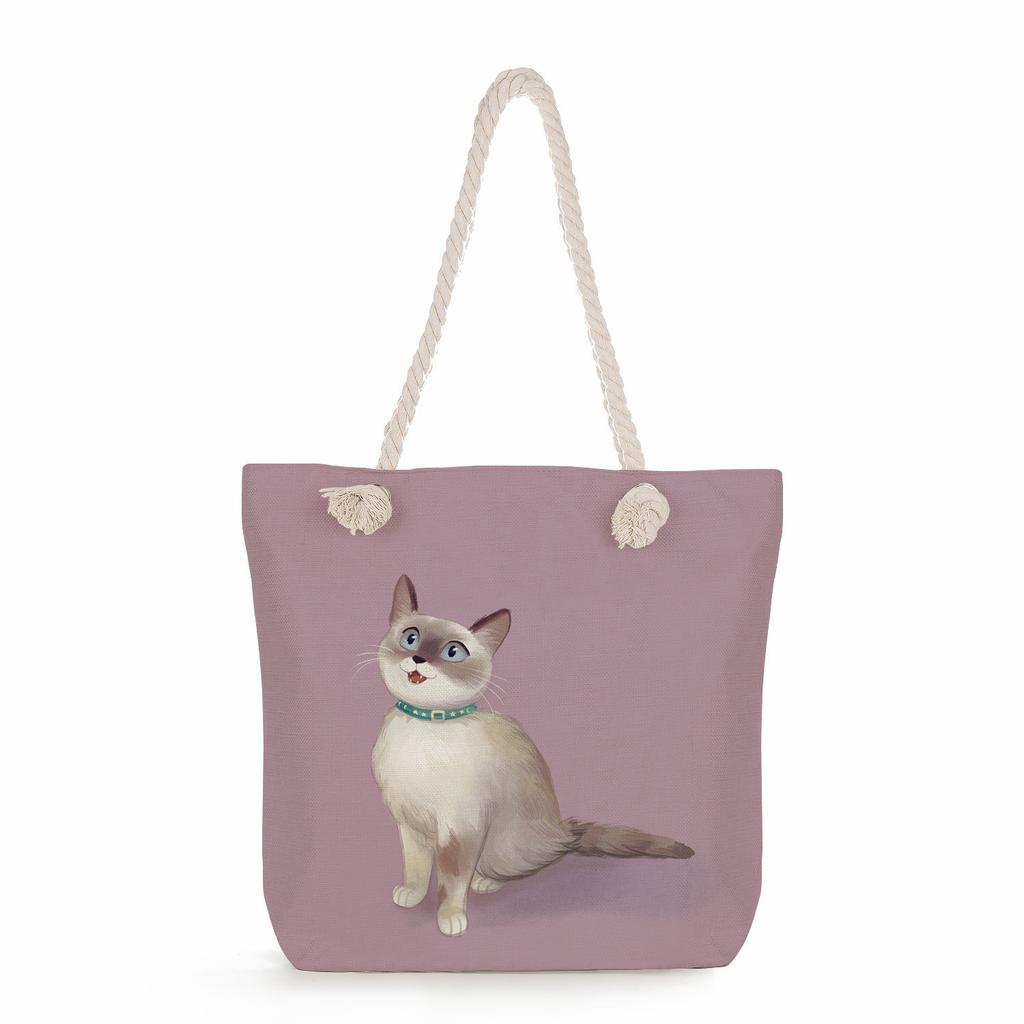 Cartoon cat print thick rope single-shoulder beach bag 7233