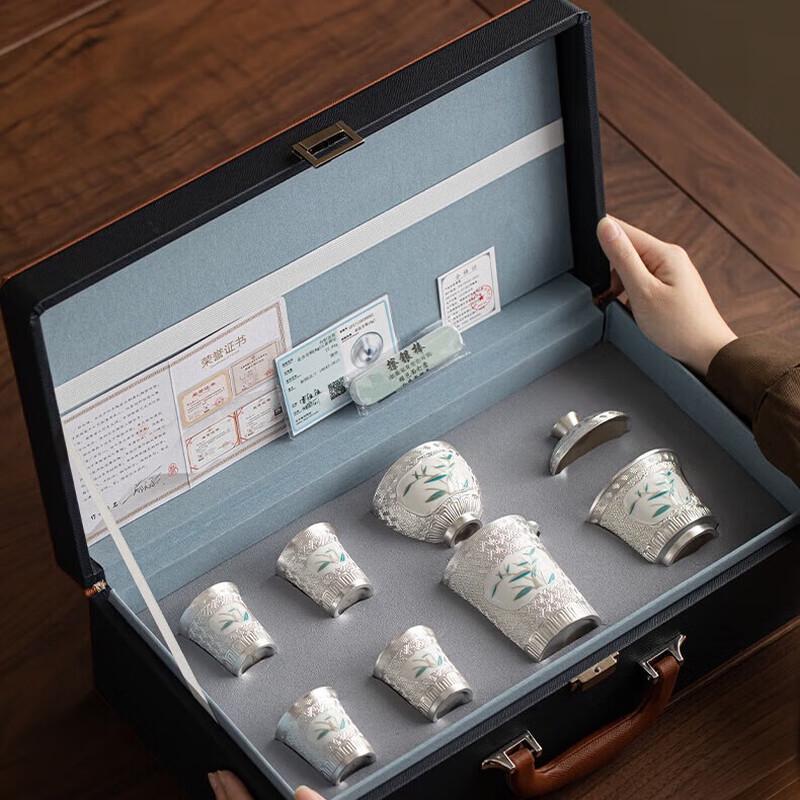 Master Zheng Wenqiang Gilded Silver Bamboo Rhyme Ceramic Kung Fu Tea Gift Set