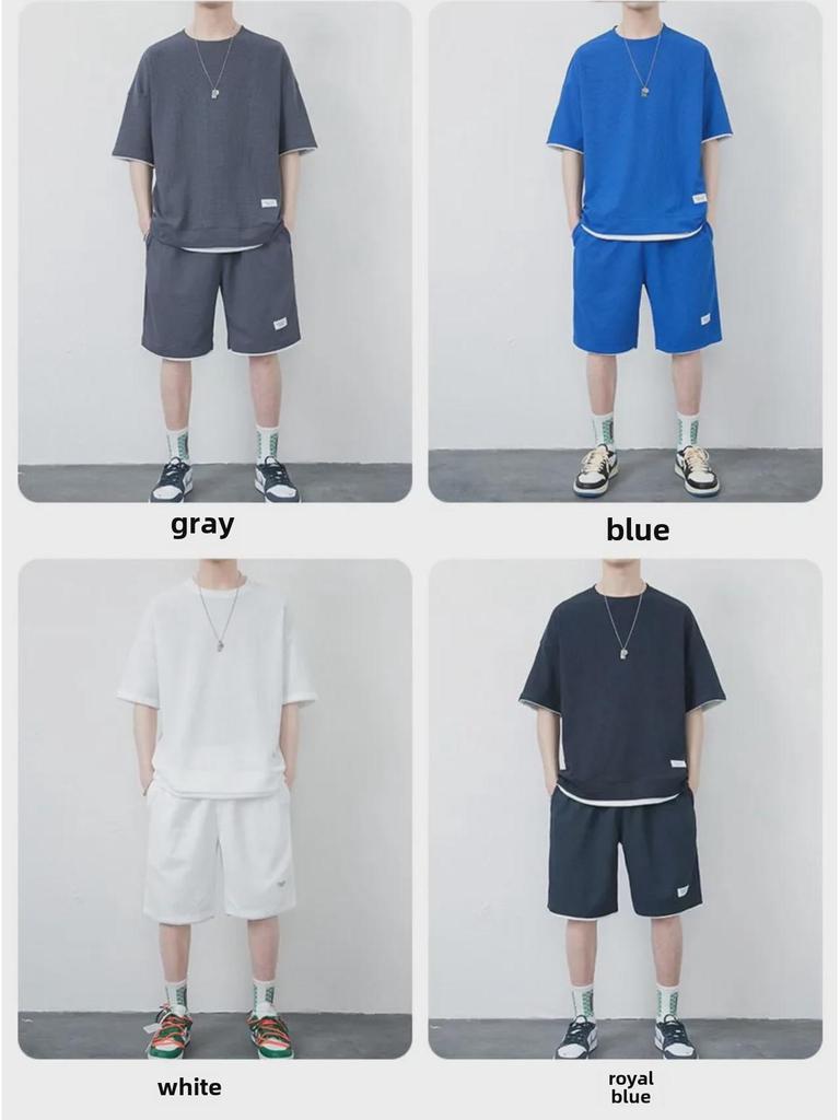 Men's Hong Kong Style Loose Two-Piece Waffle Sports Suit