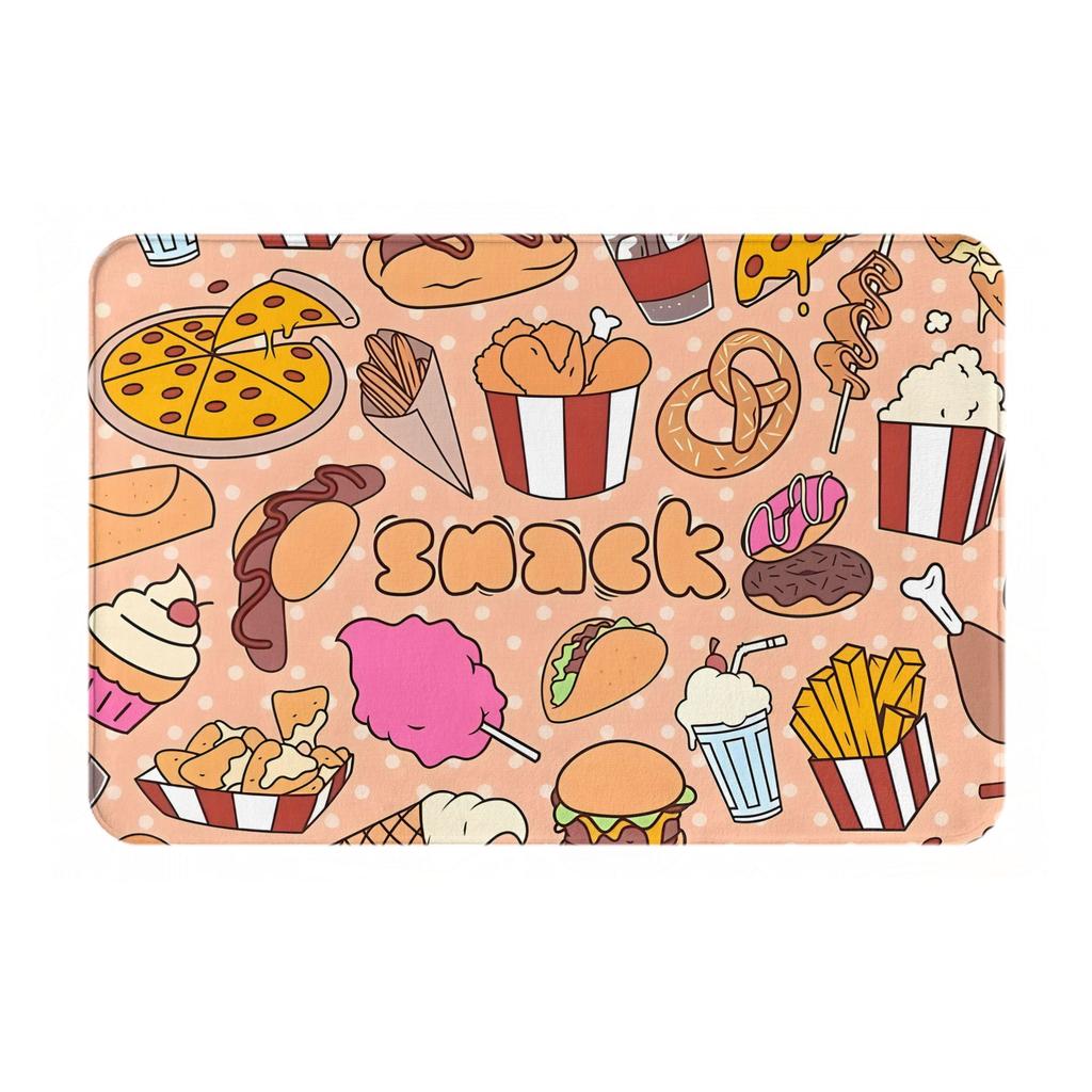 Cartoon Snack Food Doormat Kawaii Pizza Burger Fries Print Pink Background Printed Polyester Machine Entrance Floor Mat