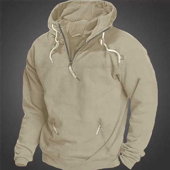 Men Fall Winter Hoodie with Pocket Drawstring Half Zipper Hooded Vintage Style Long Sleeves Solid Color Mid Length Loose Casual Daily Top