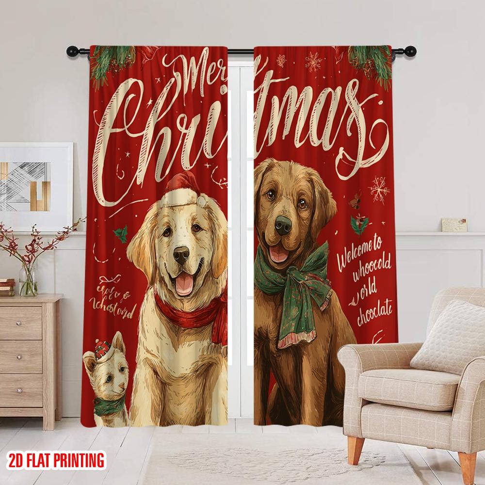 2 Stück, 2D-Flachdruck Beliebte Vorhänge 3 Festliche Hunde_ Schneeflocken Strapazierfähiger 100% Polyesterstoff (ohne Stange) Vielseitig für alle Anwendungen