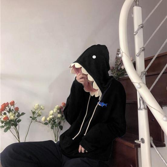 Fun Shark Patch Hooded Sweater Cozy And Stylish Sporty Casual Loose Trendy Couple's Pullover for Autumn