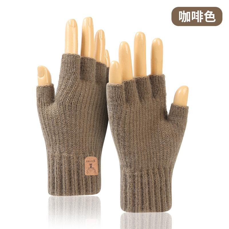 Thickened Half-finger Gloves Autumn and Winter Velvet Knitted Cold-proof and Warm Half-cut Writing Wool Leaking Finger Gloves