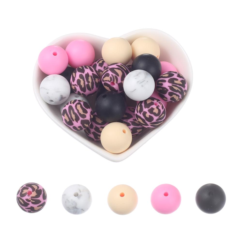15mm 30Pcs Silicone Beads Round Print Food Grade Teething Beads for Baby Toy Soft Chew Teething DIY Pacifier Clips Necklace
