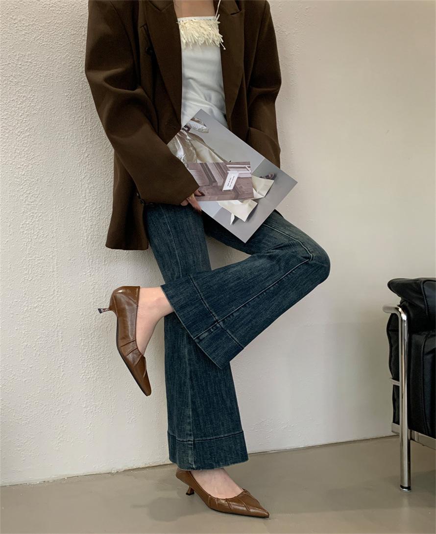 

Shallow single shoes female 2025 spring new gentle fairy wind folds inner height increase one pedal with skirt evening ladyshoes 39 верблюд