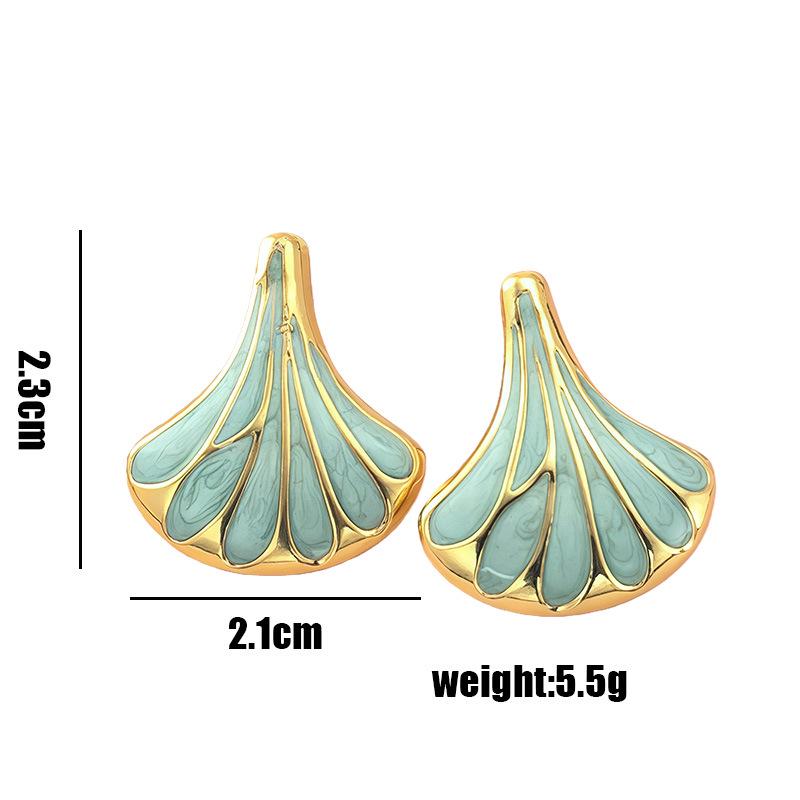 Gold Plated Ginkgo Leaf Fan Earrings, Stainless Steel Tassel Studs for Women