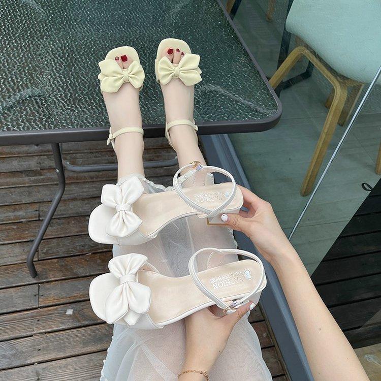 Soft leather high heels women's summer 2025 new fashion versatile bow comfortable word with thick heel sandals women