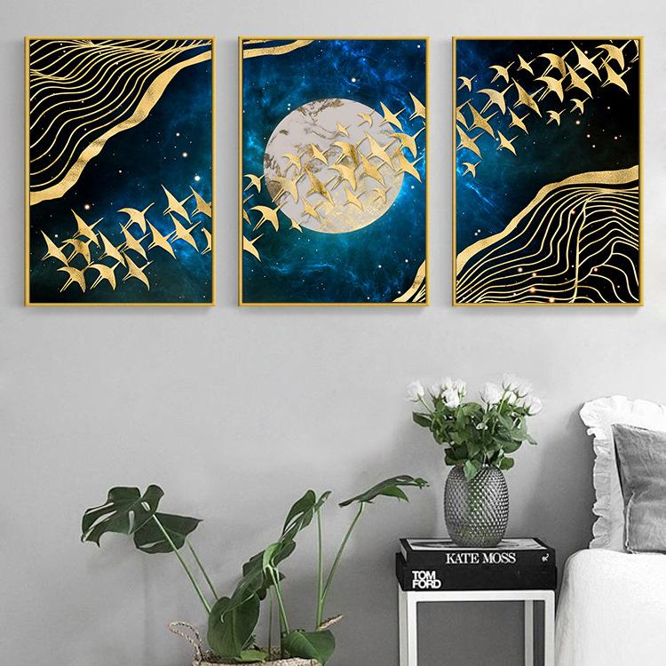 Creative Golden Birds Geometric Triple Decorative Painting Home Living Room Porch Hanging Painting Mural Frameless Painting Core