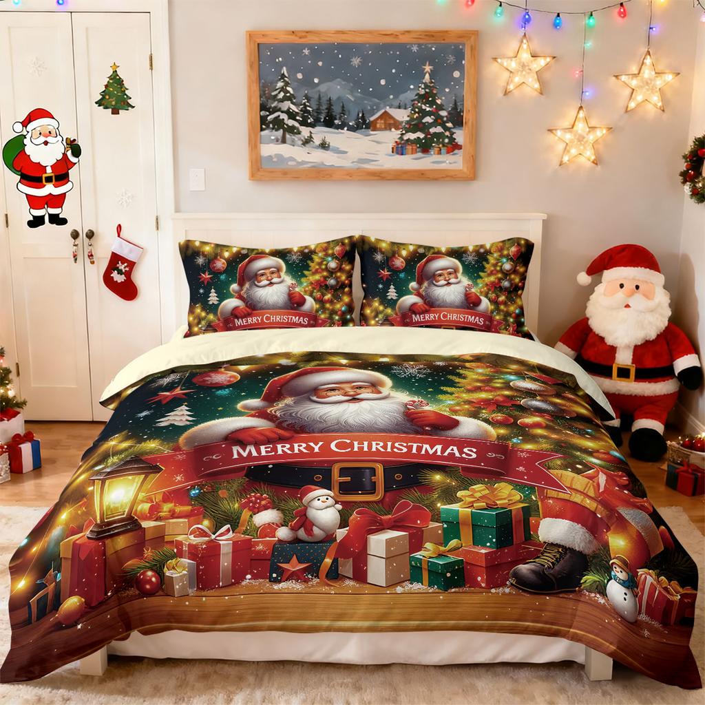 3pcs Merry Christmas Santa Claus Printed Chipless Bedding Set Soft Dormitory Bedroom Multiple Sizes Machine Washable